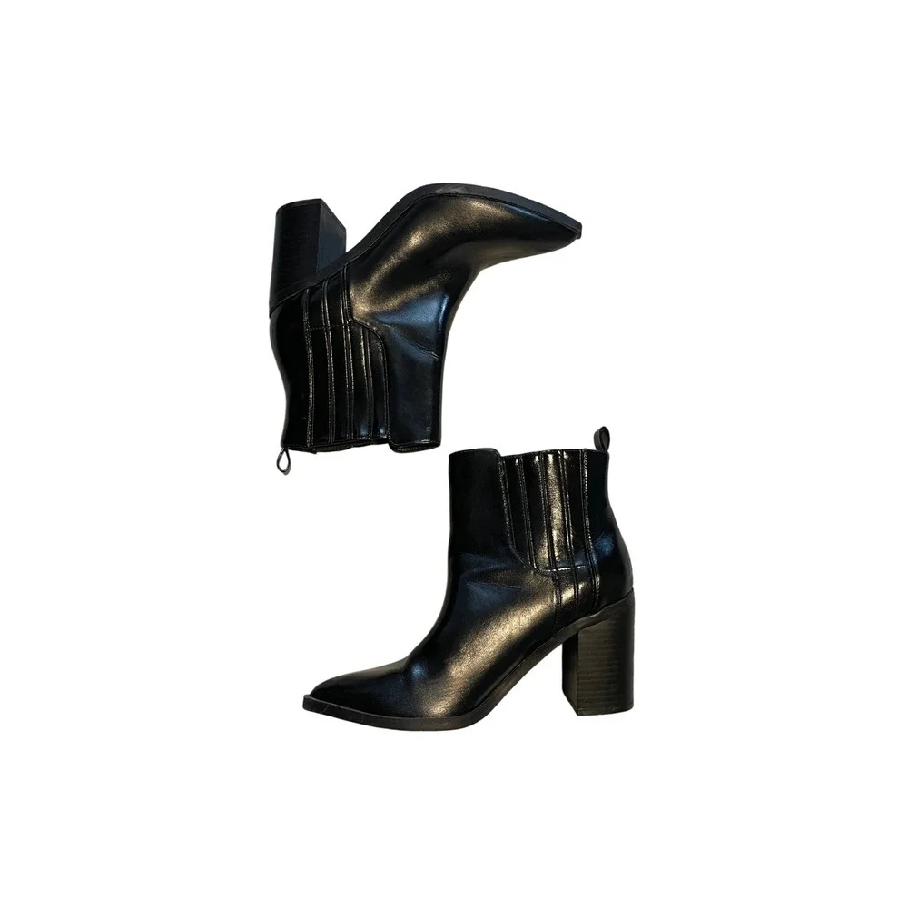 Black Pointed Toe Block Heel Ankle Boots Womens Size 8 Western Booties